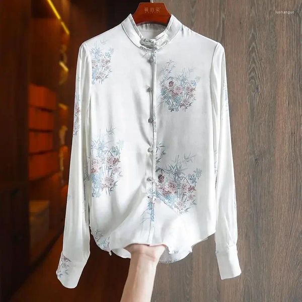 YCMYUNYAN – chemisiers en Satin imprimés pour femmes, chemises en soie, col rond, vêtements pour dames, amples, à la mode, hauts de Style chinois