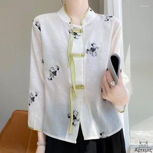 Women's Blouses Satin Shirt Buckle Stand kraag Chinese stijl borduurwerk korte top vrouwen casual