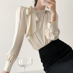 Women's Blouses Satin Shirt For Women Summer 2023 In Solid Long Sleeve Slim Fit Casual Top O-Neck Bow Tie Fashion Non Strech