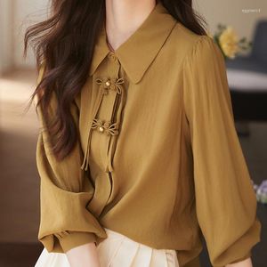 Women's Blouses Satin Shirt For Women Summer 2023 In Chinese stijl Solid Casual Loose Loose Buttoned Long Sleeve Silk Top Turn Down Collar