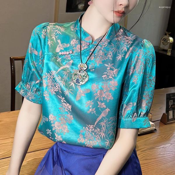 Blusas de mujer camisa de satén señoras verano 2023 seda Floral estilo chino manga corta Top suelto cuello redondo ropa Vintage YCMYUNYAN