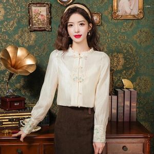 Blouses pour femmes Chemises en satin broderie style chinois lâche soie vêtements vintage printemps/été manches longues femmes haut YCMYUNYAN