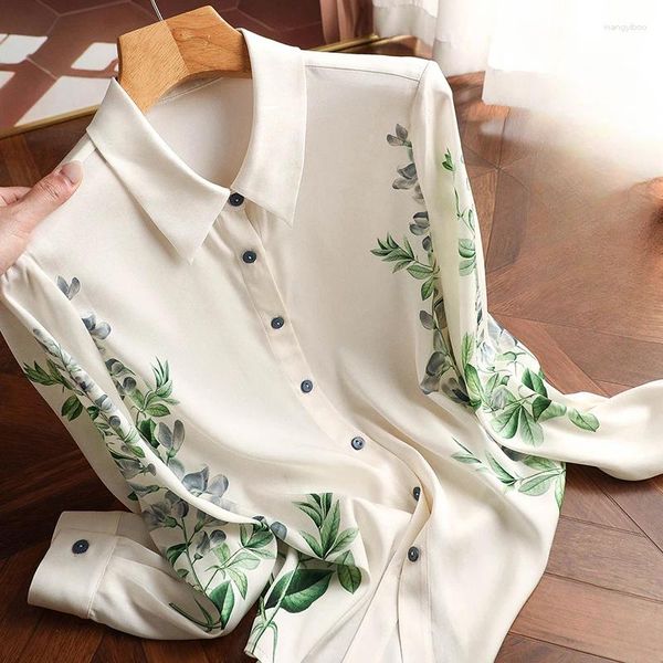 Chemises en satin pour femmes Summer 2023 Impressions de soie Loose Lot Longs Dames Vêtements Polo-Neck Casual Tops Ycmyunyan