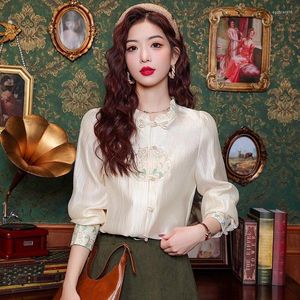 Chemises en satin de chemisiers pour femmes broderie d'été de style chinois lâche à manches longues tops otons de cols vintage vintage ycmyunyan