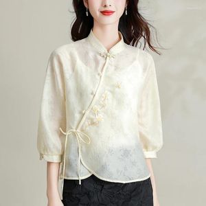 Chemises en satin de chemisiers pour femmes broderie d'été de style chinois lâche manches vintage femmes tops vêtements de mode ycmyunyan