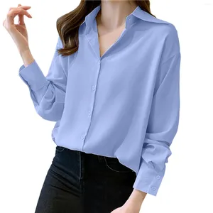 Damesblouses Satijnzijden overhemd Button-down Oversize shirts Casual losse kantoorwerkblouse met lange mouwen Effen kleur
