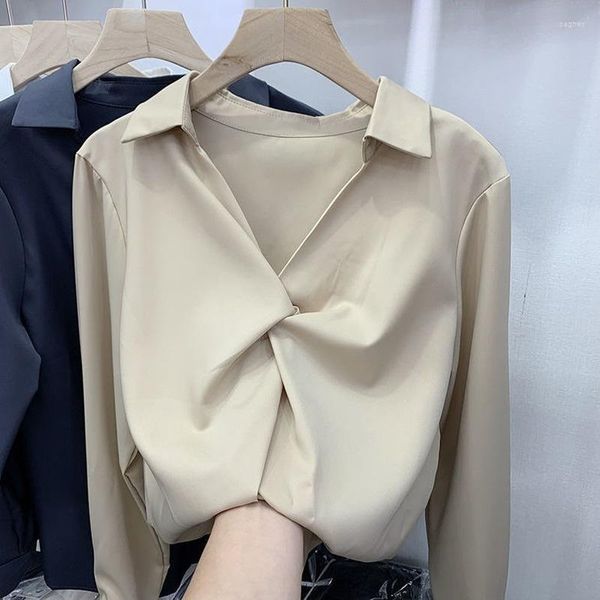 Blusas de mujer Blusa elegante de satén para mujer Camisa blanca de manga larga Primavera Verano 2023 Camisas de moda con cuello en V Tallas grandes