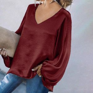 Damesblouses satijn v-neck herfst blouse massieve kleur lantaarn lange mouw vrouwen elegante gladde top shirt dameskleding voor vakantie