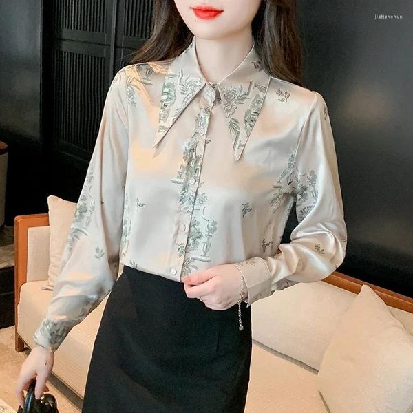 Blusas de mujer camisa Vintage de satén holgada con estampado ropa de mujer Primavera/Verano mangas largas moda estilo chino Tops