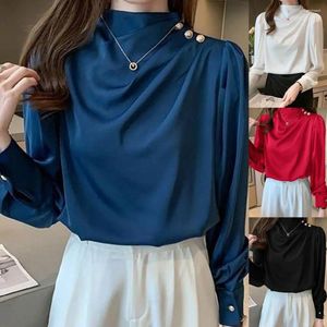 Blouses Femmes Satin Femmes Blouse Puff Sleeve Spring Summer Pull Top Mode Lâche Long Stand Col Bouton Bureau Lady Chemise