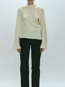 Dames Blouses Sjaal Kraag Blouse 3 Kleuren Elegant Eenvoudig Lint 2024 Herfst Mode Vrouwelijke Asymmetrische Lange Mouw Tops