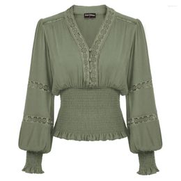 Blouses Femmes SD Femmes Chemisier Vintage Renaissance Français Élégant Smocké Taille Manches Longues Ethnique Col En V Pull Tops Bouton Chemises