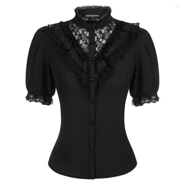 Blouses Femmes SD Femmes Dentelle Patchwork Chemises Puffées À Manches Courtes Col Haut Tops Renaissance Vintage Bouton Patte Chemisier Laçage À