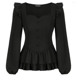 Blouses pour femmes SD Femmes À Volants Double Couche Peplum Ourlet Tops Printemps À Manches Longues Carré Col En Coeur Noir Blanc Top Ropa Mujer