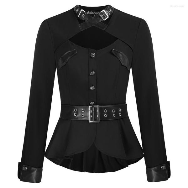 Blouses Femmes SD Femmes Steampunk Cross Décolleté Tops avec ceinture à manches longues ourlet irrégulier boutonné élégant victorien Peplum Veste A30