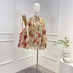 Damesblouses Zelfbinder Strikjes Halslijn Hoge kwaliteit 2024 Aankomst Elegante Vintage Bloemenprint Lange Lantaarnmouwen Blouse Voor Dames