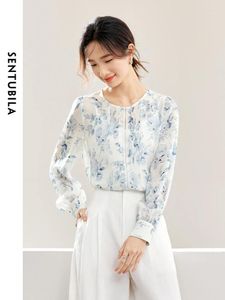 Women's Blouses Sentubila 2 -delige bedrukte chiffon blouse en camisole top dames 2024 Chinese stijl modeholte uit het rechte shirt