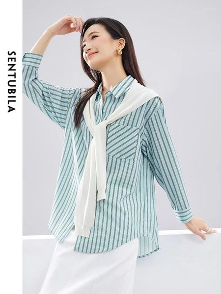 Boulons pour femmes Sentubila Blue Bouton Up Low Striped Shipt Châle 2024 Polo Spring Collar Nine Quarter Women Shirts 741C52643