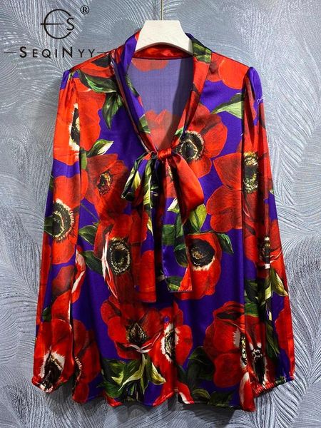 Blouses pour femmes Seqinyy Purple Shirt Loose Summer Summer Fashion Design Femme Femme Femme Sicile Vintage Red Flower Imprimé haute qualité