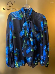 Blouses pour femmes Seqinyy Vintage Blue Flower Print Blouse Silk High Quality Pison design de mode de printemps d'été
