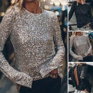 Damesblouses Paillettendecoratie Top Lange mouw Feestclubblouse Ronde hals Uitgeholde achterkant Zachte trui Glanzende prestaties