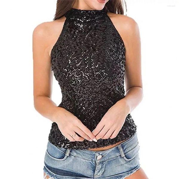 Blusas de mujer, Top de lentejuelas, camiseta sin mangas con hombros descubiertos, cuello Halter, camiseta sin mangas para Club de baile para mujer, chaleco ajustado brillante puesta en escena