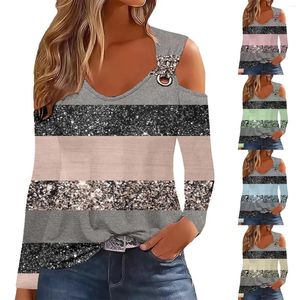 Blusas de mujer con adornos de lentejuelas, Tops de manga larga para mujer, Top de primavera con hombros descubiertos, ropa deportiva para mujer, camisas altas