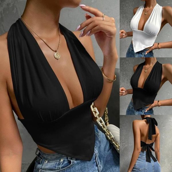 Blusas de mujer Sexy Backless Back Tie Bow Crop Tops Mujeres Sin mangas Fiesta de noche Halter Túnica Top Señoras Deep V Asimétrico Dobladillo Camis