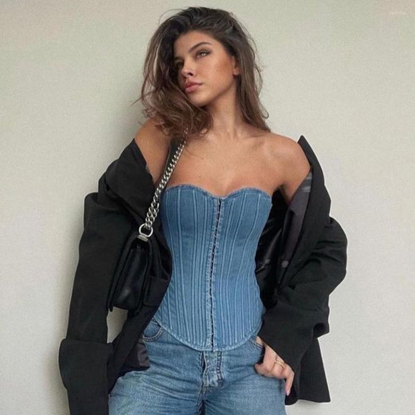 Blouses pour femmes Sexy Blue Denim Split Poitrine Wrap Femmes Y2K Hors Épaule Corset Crop Tops Club D'été Bustier Tube Femme 2023 Réservoir