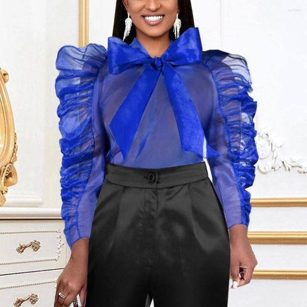 Chemisiers pour femmes Sexy bleu chemisier Transparent chemises pour femmes nœud Docoration manches bouffantes soirée soirée tenue de club hauts 2023