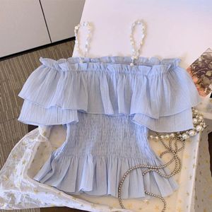 Blouses pour femmes Sexy manches bulles chemise à épaules dénudées pour l'été doux dames fée volants Transparent cristal sangle haut femme