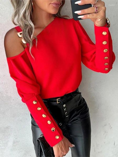 Blusas de mujer, blusa Sexy con hombros descubiertos y decoración de botones, blusa de manga Ong, Tops informales rojos y negros a la moda para otoño e invierno, ropa Y2K