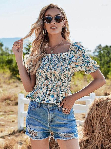 Blusas de mujer, camisa elástica Floral Sexy para mujer, camisas de manga corta a la moda con cuello cuadrado de verano para mujer, Tops ajustados con pliegues informales 2023 para mujer