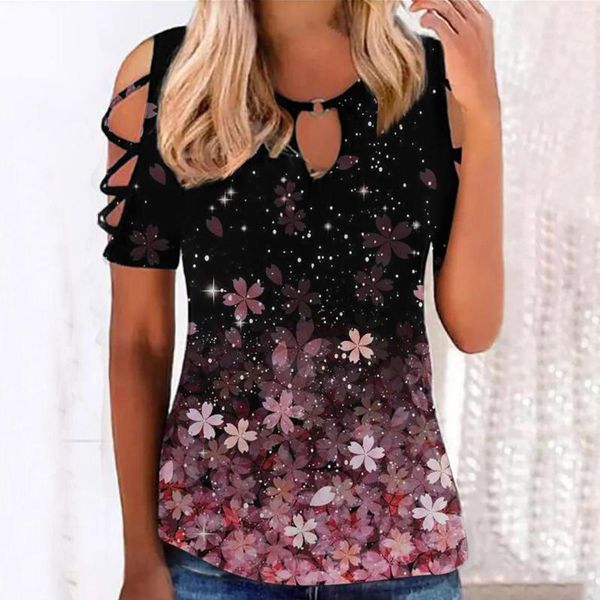 Blusas de mujer Blusa de flores sexy Mujer Verano Manga corta Camisa rosa hueca Top 2023 Casual Floral Impreso Lindas túnicas