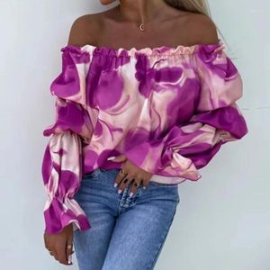 Damesblouses Sexy holle off-shoulder losse trui mode schuine hals ruche dames top lente patroon bedrukt shirt met lantaarnmouwen