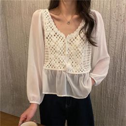 Blusas de Mujer Sexy ahueca hacia fuera la playa de ganchillo Top corto Primavera Verano Blusa de gasa Mujer camisa elegante Boho ropa Blusa Mujer 2023