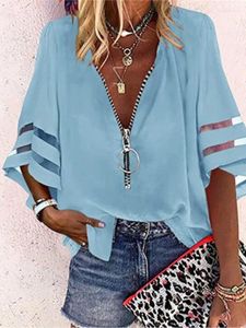 Blouses pour femmes Patchwork Patchwork Fared Sleeve Mesh Solid Shirt 2024 Été Femmes Zipper V-Neck Loose Casual Clouse Blouse Tops Streetwear