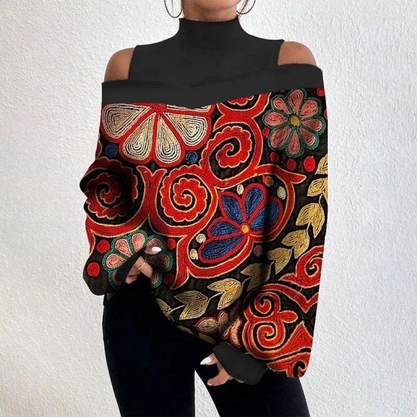 Blusas de mujer, camiseta holgada con estampado calado y hombros descubiertos, Top de moda de otoño 2024, Tops de manga larga con cuello alto para mujer, S-XXL