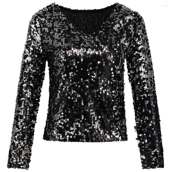 Blouses pour femmes Sexy plongeant à manches longues paillettes tunique haut brillant femmes noir argent col en v récolte été court fête Club Blouse chemise