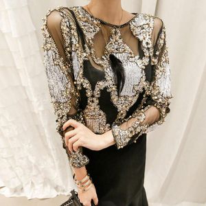 Blusas de mujer Sexy See-through Lace Mesh Top Ladies Heavy Industry Beaded Sequin Bottoming Shirts Fall O Collar Shining Sparkle