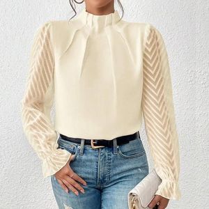 Women's Blouses Sexy Sheer Sheer Long Sleeve Patchwork Chiffon Blouse Women Spring Summer Fashion Pleated Stand Collar Pullover Shirt Office Lady