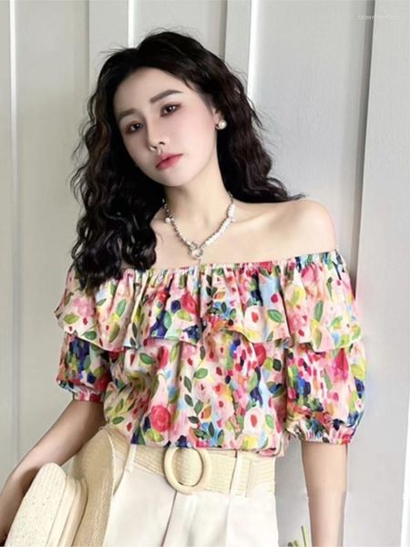 Blusas de mujer Sexy Slash Neck Bubble Top de manga media Verano Mujeres Sweet Cotton Print Tops Ruffle Edge Holiday Club Camisa de talla grande