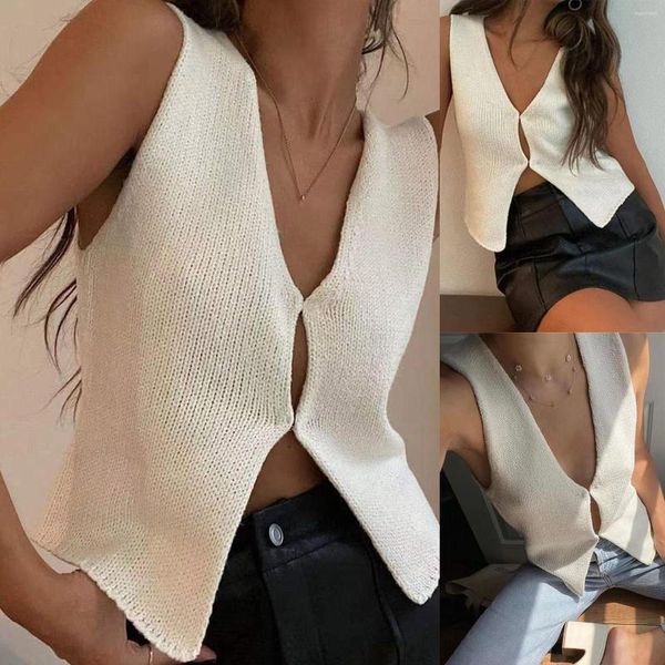 Blouses pour femmes Sexy sans manches en tricot pulls gilet pour femmes solide Crochet col en V haut évider bouton vers le bas débardeurs chemisier coréen Y2k