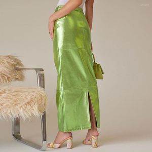 Women's Blouses Sexy Sparkly Slit Luxury Long Skirts Women High Taille Metallic Green Slim Maxi Rok 2023 Zomer Elegant verjaardagsfeestje