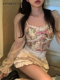 Vrouwen Blouses Sexy Vierkante Kraag Bloemen Gaasachtig Shirt Vrouwen Zomer Ontwerp Gevoel Bladerdeeg Mouw Blouse Lolita Zoete Kawaii Strik Korte Lange Top