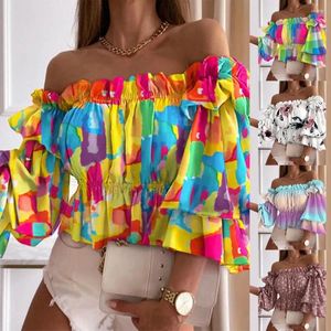 Blusas de mujer, Top Sexy de verano, colorido, con hombros descubiertos, transpirable, estampado plisado, camisa con volantes para mujer, dulce y suave