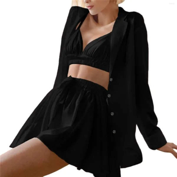 Blouses pour femmes jupe à bretelles Sexy trois femmes longues Robes en Satin ensemble de Robe 3x serviette enveloppante avec bouton