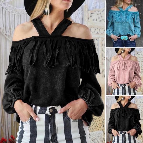 Blusas de mujer Sexy Top Fringe Decor Blusa de mujer Moda Colgando Cuello Hombro