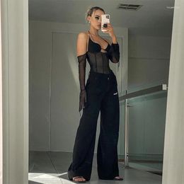 Blouses pour femmes Hauts sexy et femmes 2024 Été à manches longues Halter Col V Mesh Corset Chemises Voir à travers Club Femme