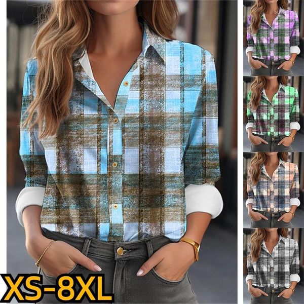 Blouses pour femmes Blouse en V V automne aux dames de la mode Chéch de mode Impression supérieure Vintage Shirt Femme Elegant Button Long Manche XS-8XL